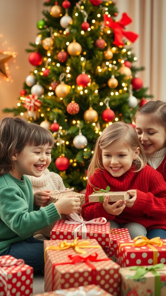 Children exchanging gifts in front of a decorated Christmas tree, showcasing the joy of the holiday season.